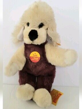 VINTAGE STEIFF TOLDI POODLE DOG, SQUEAKER, TAGS, BUTTON IN EAR, WEST GERMANY